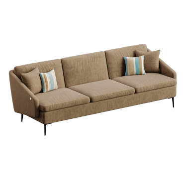 Üzerinde yastıklar olan kahverengi bir kanepe. Kanepe uzun ve üç bölümden oluşuyor. Yastıklar mavi ve beyaz.