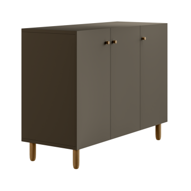 Üç çekmecesi ve üç kolu olan koyu kahverengi bir dolap. Dolap ahşaptan yapılmış ve basit bir tasarımı var.