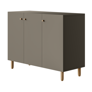 Üç kapısı ve üç çekmecesi olan gri bir dolap. Dolap ahşaptan yapılmıştır ve kahverengi bir kapağı vardır.