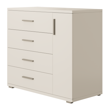 Dört çekmeceli beyaz bir şifonyer. Şifonyer ahşaptan yapılmıştır ve gümüş bir sapı vardır.