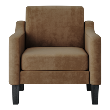 Koltuk minderli kahverengi bir sandalye. Sandalye beyaz bir arka planda oturuyor. Sandalye süslemesi olmayan basit bir tasarım.