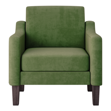 Kahverengi çerçeveli yeşil bir sandalye. Sandalye beyaz bir arka planda oturuyor. Sandalye yumuşak bir malzemeden yapılmıştır ve rahat bir görünüme sahiptir.