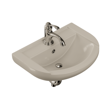 Gümüş musluğu olan beyaz bir lavabo. Lavabo temiz ve parlak. Musluk kapalı.