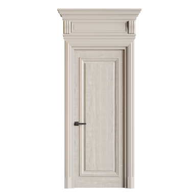 Siyah saplı ve siyah kilidi olan beyaz bir kapı. Kapı beyaz bir süsleme ile çerçevelenmiş.