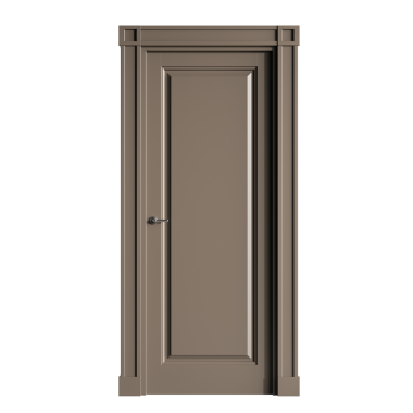 Gümüş saplı ve gümüş düğmeli bir kapı. Kapı kahverengi ve ahşap çerçevesi var.