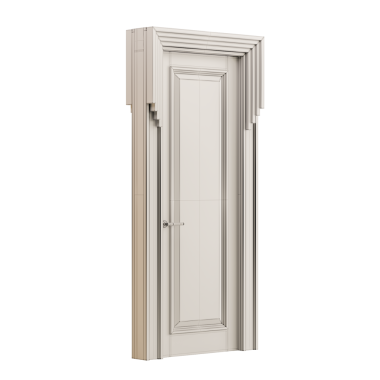 Siyah saplı ve gümüş düğmeli beyaz bir kapı. Kapı dekoratif bir pervazla çerçevelenmiş.