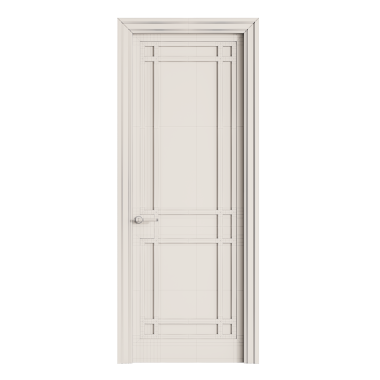 Kapı kolu ve sapı olan beyaz bir kapı. Kapı tahtadan yapılmış ve basit bir tasarımı var.