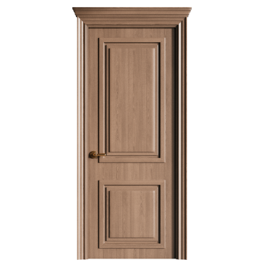 Altın sapı ve pirinç düğmesi olan ahşap bir kapı. Kapı çerçeveli ve ahşap paneli var.