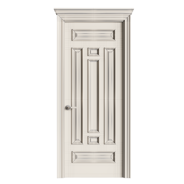 Kilitli ve kolu olan beyaz bir kapı. Kapı çerçeveli ve dekoratif bir tasarımı var.