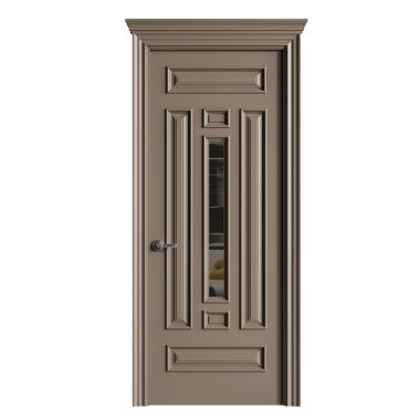 Penceresi olan bir kapı. Kapı kahverengi ve gümüş sapı var. Pencere açık ve içeri ışık giriyor.