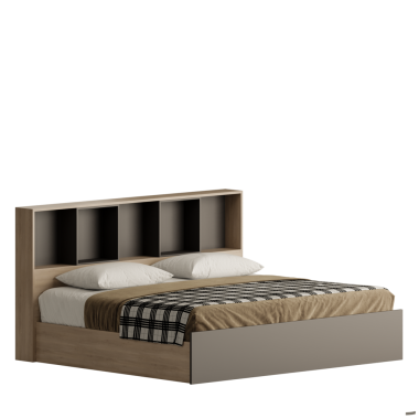 Tahta yatak başlığı ve ekose battaniyeli bir yatak. Yatak yapılmamış ve üzerinde iki yastık var.