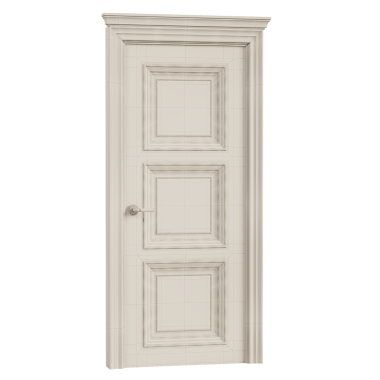 Üç panelli ve gümüş saplı beyaz bir kapı. Kapı 3 boyutlu olarak çizilmiş.