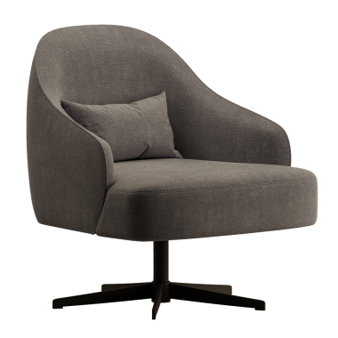 Siyah tabanlı ve siyah kapaklı gri bir sandalye. Sandalye yan dönmüş.