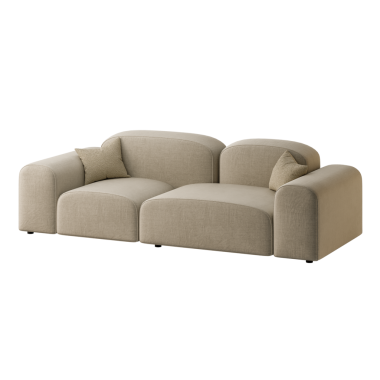 Üzerinde yastıklar olan bronz bir kanepe. Kanepe iki kişilik. Yastıklar beyaz ve kahverengi.