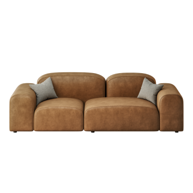 Üzerinde yastıklar olan kahverengi bir kanepe. Koltuk deriden yapılmıştır ve modern bir tasarıma sahiptir.