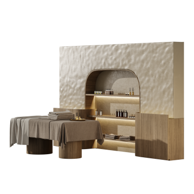 Bronz ve bej renkli bir oda, bronz ve bej bir duvar, bronz ve bej bir raf. Odanın kaplıca gibi bir atmosferi var, ten rengi ve bej rengi.