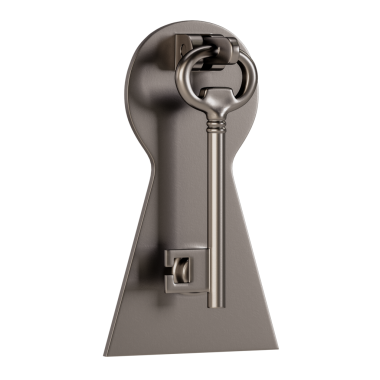 Üzerinde anahtar olan bir anahtar deliği. Anahtar gümüş ve altın sapı var.