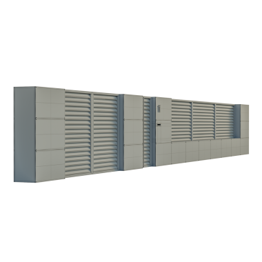 Bir sürü penceresi ve kapısı olan uzun gri bir duvar. Duvar betondan yapılmış ve modern bir görünüme sahip.