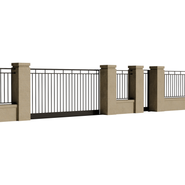 Beyaz arka planda kapısı olan bir çit gösterilir. Çit metalden yapılmıştır ve açık bir kapısı vardır. Kapı çitin ortasına yerleştirilmiş ve çitler uzun ve dar.