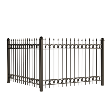 Elmas desenli siyah metal bir çit. Çit beyaz arka planda. Çit uzun ve çok fazla çivisi var.