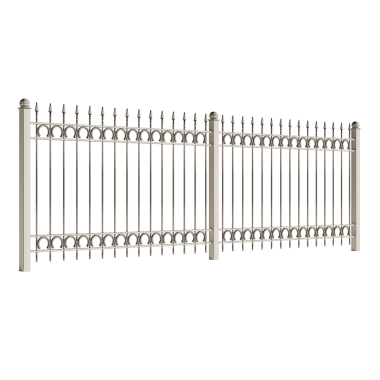 Üzerinde bir sürü çivi olan beyaz bir çit. Çit uzun ve dar. Çit metalden yapılmıştır.