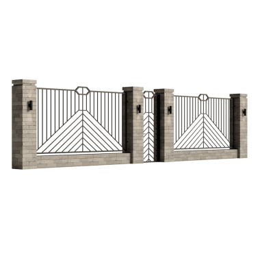 Beyaz tuğlalı uzun metal bir çit. Çit demirden yapılmıştır ve üçgen bir tasarıma sahiptir. Çit tuğla duvarın yanında ve iki kapısı var.