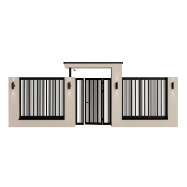 Siyah çitleri ve kapısı olan beyaz bir bina. - Kapı açık. Bina boş.