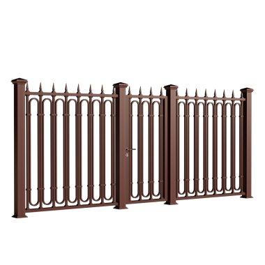 Üzerinde çiviler olan kahverengi metal bir çit. Çit uzun ve kapısı var.