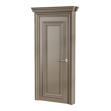 Gümüş çerçeveli ve gümüş düğmeli ahşap bir kapı. Kapı açık ve kapı tokmağı parlak. Kapının çerçevesinde dekoratif bir tasarım var, sofistike bir görünüm veriyor.