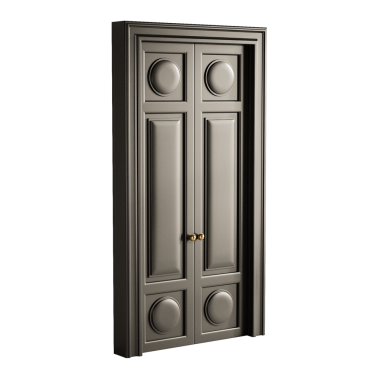 Altın saplı ve altın düğmeli büyük, süslü bir kapı. Kapı tahtadan yapılmış ve altın kaplama.