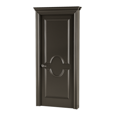 Gümüş saplı ve gümüş düğmeli siyah bir kapı. Kapı ahşaptan yapılmıştır ve gümüş bir kesimi vardır.