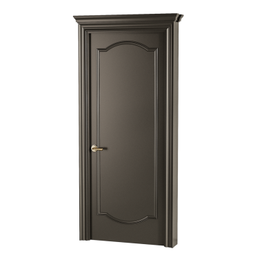 Altın saplı ve pirinç düğmeli siyah bir kapı. Kapı çerçeveli ve altın kaplamalı.