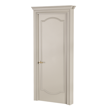 Altın saplı ve pirinç düğmeli beyaz bir kapı. Kapı çerçeveli ve dekoratif bir tasarımı var.