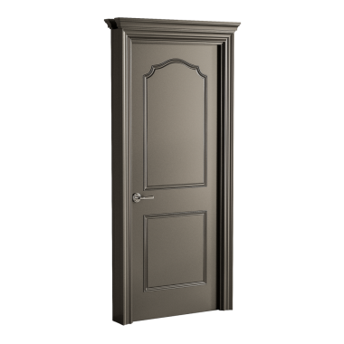 Gümüş çerçeveli ve gümüş saplı bir kapı. Kapı kapalı ve gümüş bir düğmesi var.