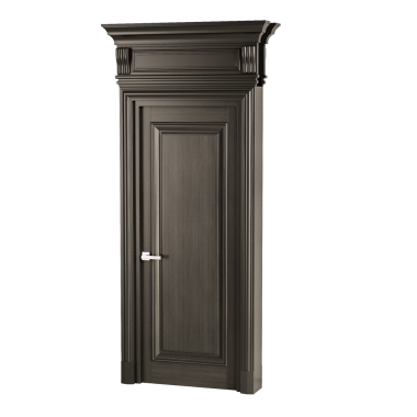 Gümüş saplı ve gümüş düğmeli büyük ahşap bir kapı. Kapı kapalı ve koyu kahverengi bir rengi var.