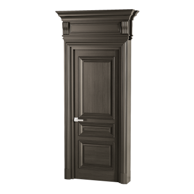 Gümüş saplı ve gümüş düğmeli büyük ahşap bir kapı. Kapı kapalı ve koyu kahverengi bir rengi var.