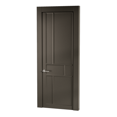 Gümüş saplı ve gümüş düğmeli siyah bir kapı. Kapı ahşaptan yapılmış ve modern bir tasarımı var.