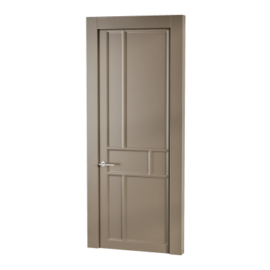 Gümüş saplı ve gümüş düğmeli bir kapı. Kapı ahşaptan yapılmış ve modern bir tasarımı var.