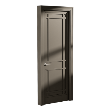 Gümüş saplı ve gümüş düğmeli bir kapı. Kapı ahşaptan yapılmış ve koyu bir rengi var.