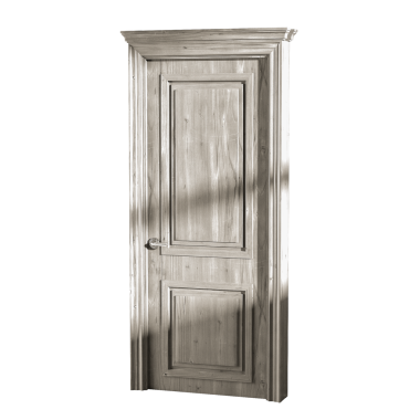 Gümüş saplı ve gümüş düğmeli ahşap bir kapı. Kapı açık ve ışık onun üzerinde parlıyor.