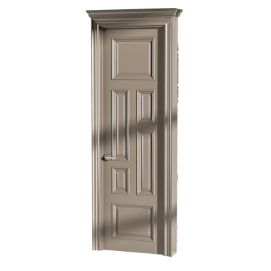 Gümüş çerçeveli ve gümüş saplı bir kapı. Kapı açık ve kapı kolu görünür durumda.