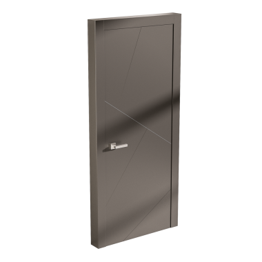 Gümüş saplı ve gümüş düğmeli bir kapı. Kapı kapalı ve koyu renk.