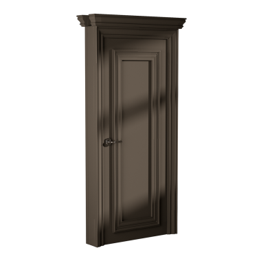 Ahşap çerçeveli ve gümüş saplı bir kapı. Kapı kapalı ve kapı kolu görünür durumda.