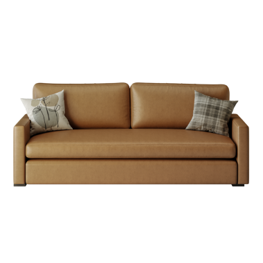 Üzerinde iki yastık olan bronz deri bir kanepe. Kanepe uzun ve modern bir tasarımı var.