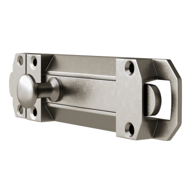 Yuvarlak kapaklı gümüş bir kapı kolu. Kapı kolu metal bir çubuğa bağlı.