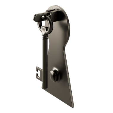 Anahtar bir anahtar deliğine bağlı. Anahtar siyah ve anahtar deliği gümüş.