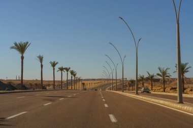 Her iki tarafında palmiye ağaçları olan ve içinden bir araba geçen bir yol. Yol boş ve gökyüzü temiz.