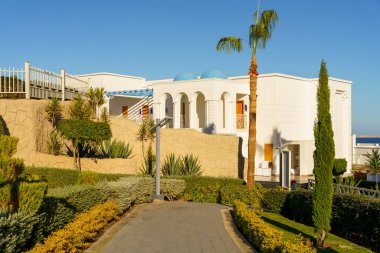 Önünde mavi çatısı ve beyaz palmiye ağacı olan büyük beyaz bir ev. Ev yemyeşil bir bahçeyle çevrili ve ona giden bir yol var.