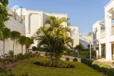 Üzerinde mavi kubbe olan beyaz bir ev. Ev yemyeşil bir çimenlikle çevrili.