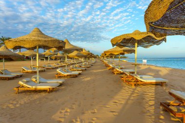 Bir sürü şemsiyesi ve sandalyesi olan bir kumsal. Kumsal boş ve gökyüzü mavi.